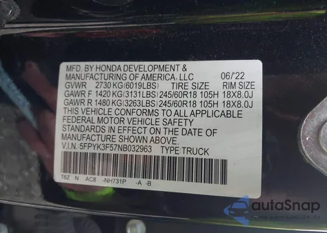 2022 Honda Ridgeline Rtl from USA, damaged, VIN 5FPYK3F57NB032963